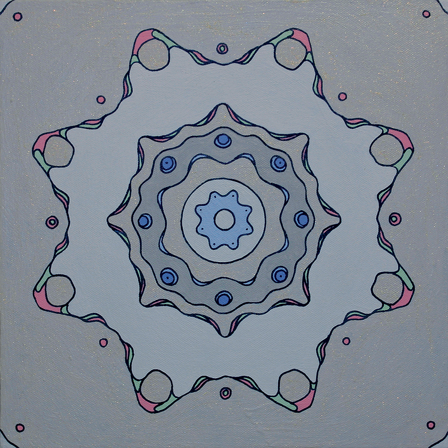 <br/>Paisano Storax, 2011<br/>12" x 12" x 1<span>½</span>"<br/>acrylic, paper, opaque marker and glitter on canvas